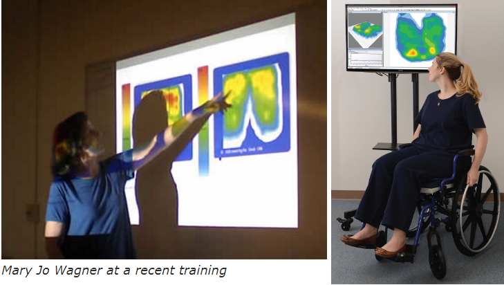 Two pictures show a woman pointing to a pressure map on a screen and a woman in a wheelchair looking at a pressure map on a display. A caption beneath the pointing woman reads "Mary Jo Wagner at a recent training."