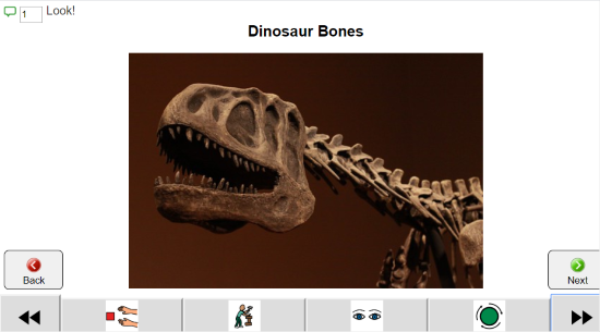 Dinosaur Bones and photo of a dinosaur skeleton. Below are icons for communication and in the upper left the word Look and a symbol for the number of comments recorded.